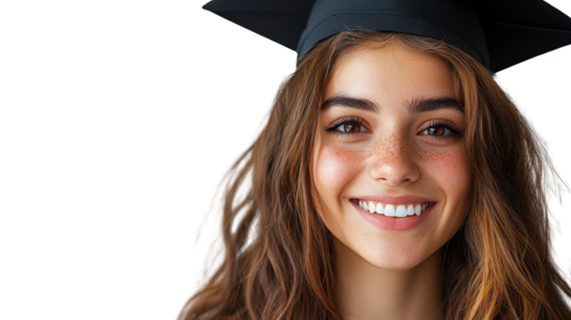 Proud and happy female graduate celebrating success isolated on a white transparent background
