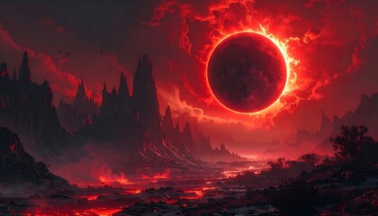 Apocalyptic fantasy landscape lava river blood red eclipse