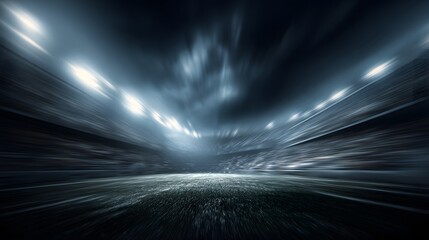 Illuminated futuristic football field under bright stadium lights with speed, energy, motion, and competitive sports atmosphere