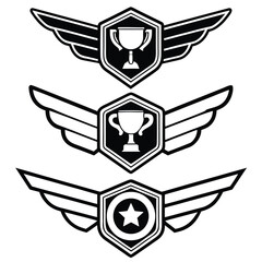 Set of three winged trophy badge icons isolated on white background, representing achievement, success, and recognition