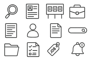 Job Search Icons. Line style icons of job search essentials: magnifying glass, resume icon, job board, briefcase; application form