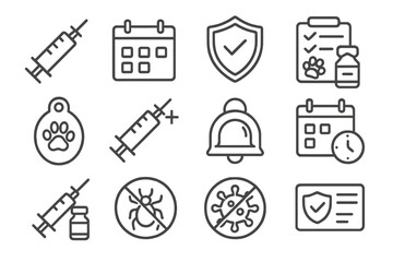 Fototapeta premium Vaccination Icon Set. Line style icons of vaccination and prevention: vaccine syringe, schedule calendar, immunity shield,