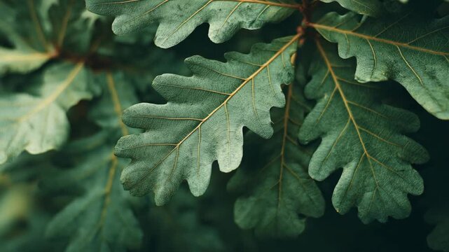 A close-up view of lush green oak leaves, showcasing their vibrant texture, natural patterns, and fresh foliage in a serene and healthy environment