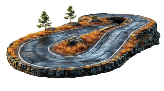Race track with sharp curves isolated on a white transparent background