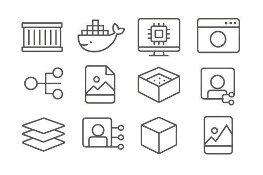 Virtualization Line Icons. Line style icons of virtualization and containers: container box, docker icon, virtual machine sketch,