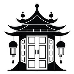 Obraz premium Striking Black Silhouette Illustration of an Intricate Traditional Chinese Pagoda with Lanterns and Double Doors