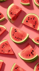 Watermelon slices arranged in a symmetrical pattern on a vibrant pink background