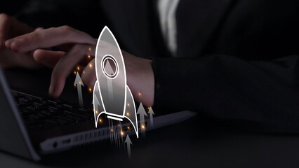 Startup launch and business growth concept, rocket symbolism, entrepreneurship, startup innovation,...