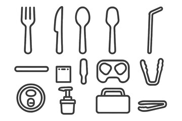 Fototapeta premium Fast Food Utensil Icons. Line style icons of fast food utensils: plastic fork, plastic knife, paper spoon, straw; wooden stirrer,