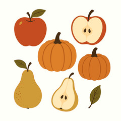 Autumn Harvest: Apples, Pears, Pumpkins - Fall Fruit and Vegetable Illustration Set