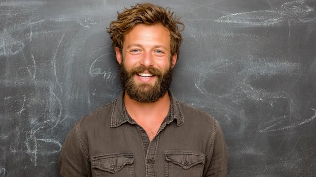Caucasian male teacher smiling standing at classroom with blackboard as background