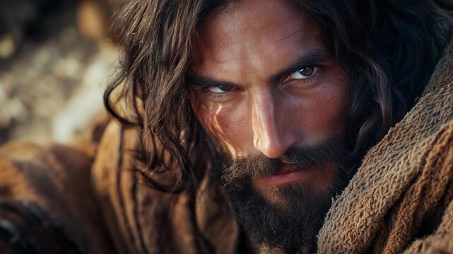 Jesus Christ with a stern and angry expression, standing on a city street and looking directly at the camera, blending the sacred with the modern world to symbolize judgment, confrontation, and moral 