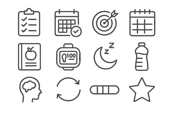Healthy Habit Icons. Line style icons of healthy habits: daily checklist, habit tracker, goal icon, weekly plan; food log, step