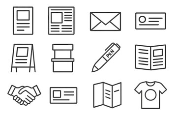 Offline Marketing Icons. Line style icons of offline marketing: flyer icon, print ad, direct mail, business card; poster board,