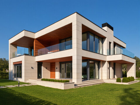 Ultra-realistic photo of a modern luxury villa, two floors, large glass windows, beige stone exterior with wooden accents, manicured green lawn, minimal landscaping, bright clear blue sky. - Powered by Adobe