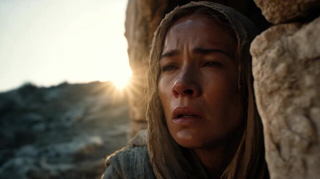 A close-up of the face of an ancient Israeli woman, visibly tired and nearly fainting in a harsh desert wasteland, showing exhaustion, resilience, and survival under extreme conditions.