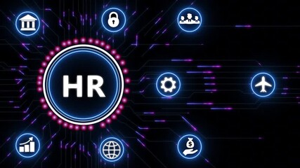 Businessman pressing an HR concept.Circuit board with Technology background