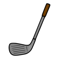 A vector illustration of a golf club, showcasing a hand-drawn style with a brown wooden handle and a grey metal clubhead featuring distinct grooved details, set against a clean white background.