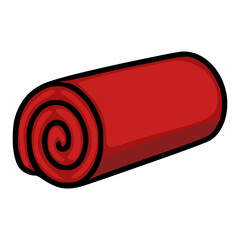 A vector illustration of a rolled-up red carpet, featuring a stylized spiral design and bold black outlines, perfect for adding a touch of elegance or drama to your projects.