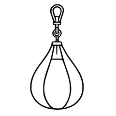 A detailed vector illustration of a pear-shaped speed bag, meticulously drawn with bold black outlines against a stark white background, showcasing its hanging mechanism and distinct segmented design.