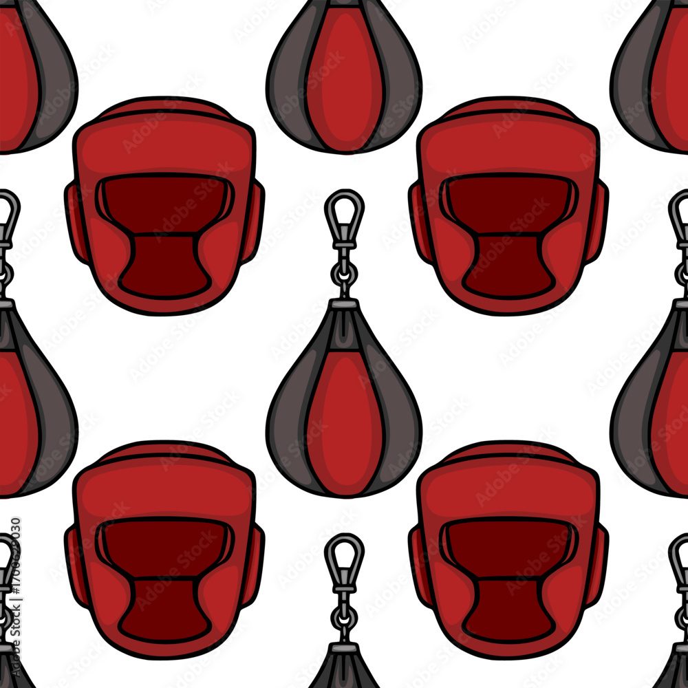 Poster seamless vector pattern featuring red boxing headgear and dark gray speed bags, creating a dynamic a