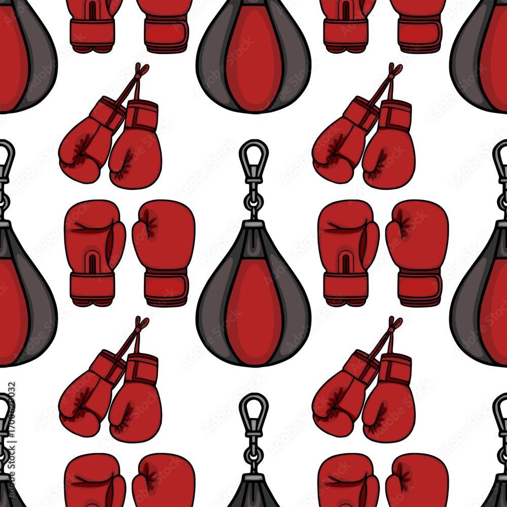 Poster seamless vector pattern featuring red boxing gloves and a speed bag, offering a dynamic and energeti