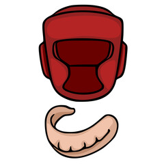 A vector illustration featuring a red boxing helmet and a beige mouthguard, depicted in a simple, cartoonish style, perfect for sports-themed designs.