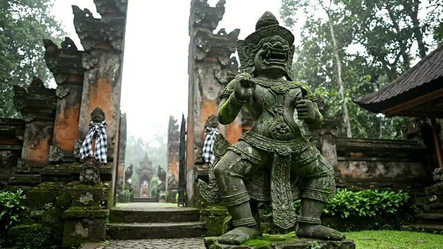 A moss-covered stone guardian statue, known as a Dwarapala, stands at the entrance to a traditional Balinese temple on a misty day.