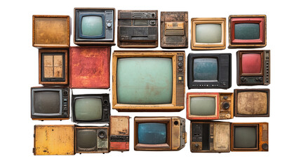 Retro TV boxes cut out with a frame screen isolated on a white transparent background