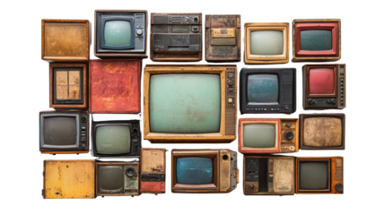 Retro TV boxes cut out with a frame screen isolated on a white transparent background