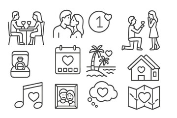 Romantic Milestones Icons. Line style icons of romantic milestones: first date icon, first kiss, anniversary number, proposal
