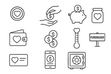 Financial Charity Icons. Line style icons of financial charity: coin with heart, hand dropping coin, piggy bank, donation jar;