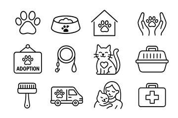 Animal Charity Icons. Line style icons of pet and animal charity: paw print, food bowl, shelter house, hands with paw; adoption