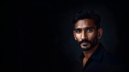 Fototapeta premium Dramatic tightly cropped portrait of South Asian man with trimmed beard and deep piercing eyes