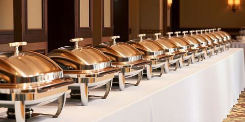 elegant catering buffet setup, a straight line of polished stainless steel chafing dishes with lids, set on a long white linen table, professional event catering style