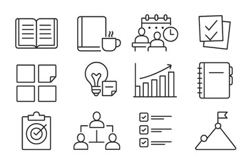 Work Planning Icons. Line style icons of work planning: open agenda, planner with coffee, meeting schedule, task stack; sticky