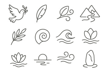 Fototapeta premium Nature Icons Collection. Line style icons of nature and peace: dove, feather, leaf in wind, mountain stream; open sky, flowing