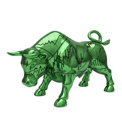 Fototapeta premium Metallic green bull sculpture with stock market graph patterns isolated on transparent background