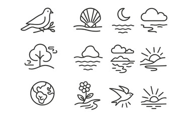 Naklejka premium Nature Faith Icons. Line style icons of faith in nature: dove on branch, shell on shore, water under moon, mountain and river;