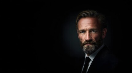 Obraz premium Dramatic ultra close portrait of middle-aged man with salt-and-pepper beard and piercing blue eyes
