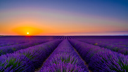 Obraz premium Rows of vibrant purple lavender stretch towards the horizon under a breathtaking sunset sky with hues of orange, yellow, and blue