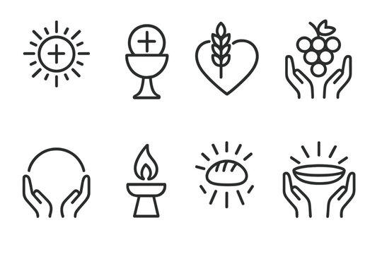Spiritual Communion Icons. Line style icons of spiritual communion meaning: host with rays, chalice and cross, wheat over heart,