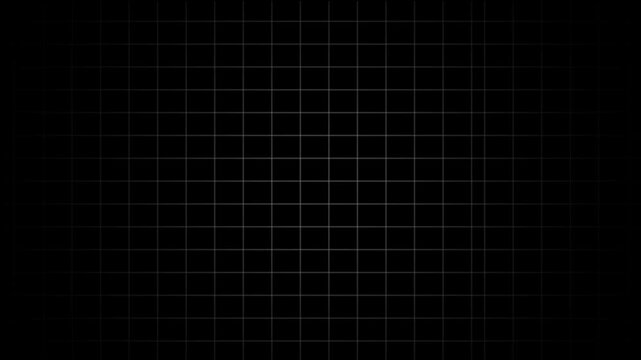 Black background with animated thin white wireframe grid line fit for alpha channel or overlay layer. Mesh shiny tile-like creative animated video . Grid graph pattern moving vertically downward ,