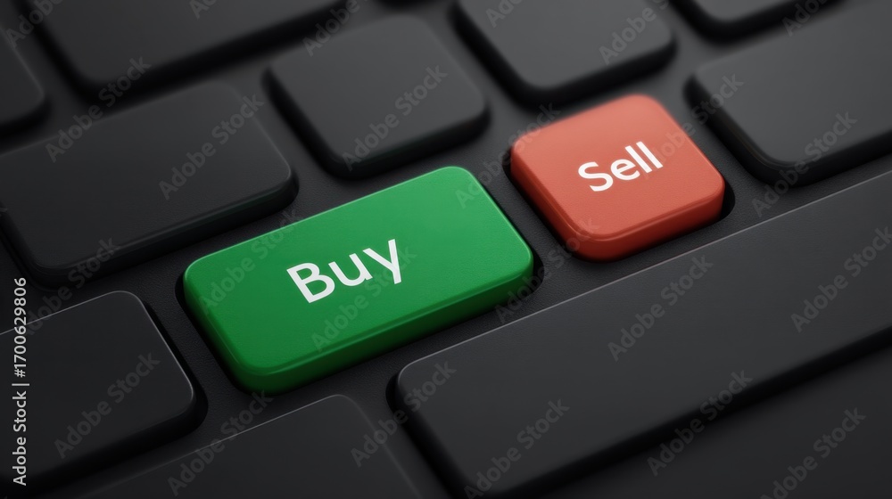 Aufkleber green buy button and red sell button on a dark keyboard, symbolizing digital trading and financial t