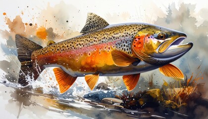 Watercolor painting of leaping trout fish in stream with splashes symbolizing nature movement and sport fishing adventure in wilderness river
