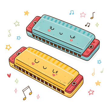 Cute cartoon harmonica duo with music notes and stars