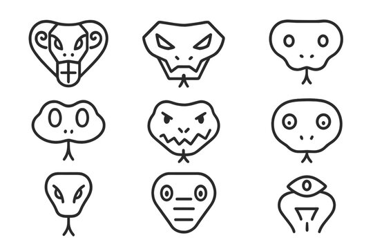 Abstract Snake Iconography. Line style icons of abstract snake faces: geometric cobra, angular viper, minimal python, rounded boa;
