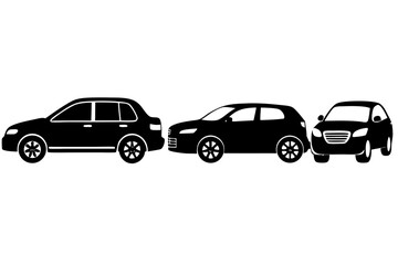 Naklejka premium Three different car silhouettes in black on a white background showcasing various vehicle types for automotive design and transportation concepts with a clean minimalist style