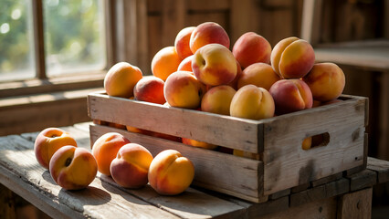 A photograph of a rustic wooden box overflowing with freshly picked peaches. The peaches are vibrant shades of orange and yellow, with soft fuzz and slight imperfections, piled high within the box, so