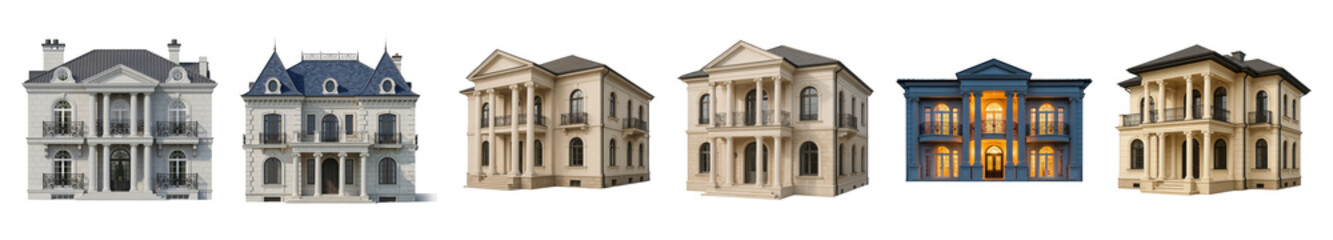 Obraz premium Luxury mansion set including neoclassical, chateau, and classic styles with day and night lighting isolated. Elegant residential architecture.